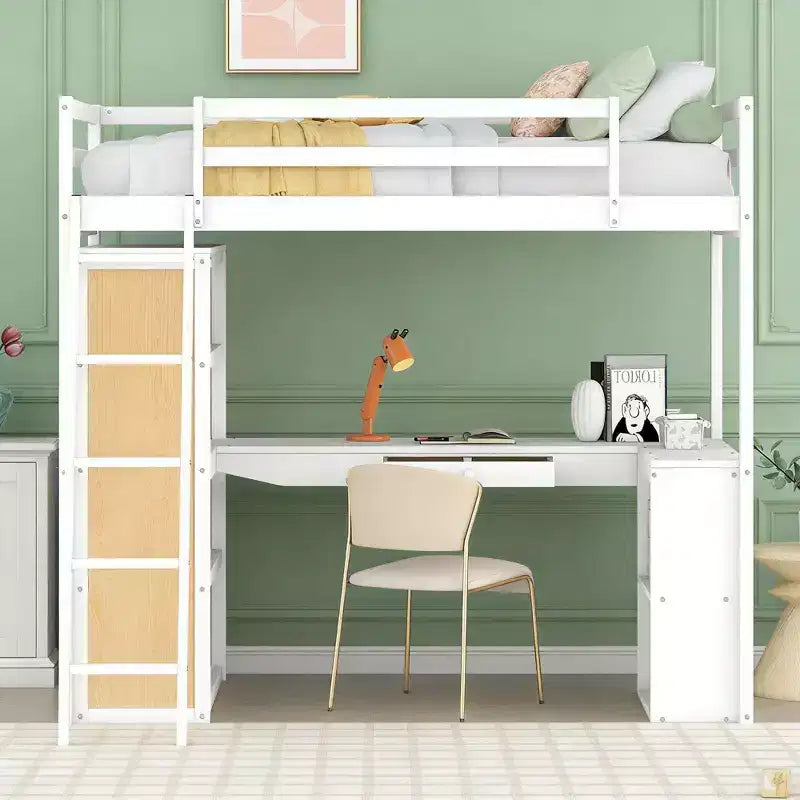 Luxystar Modern Loft Bed with Desk, 6 Shelves and Drawer