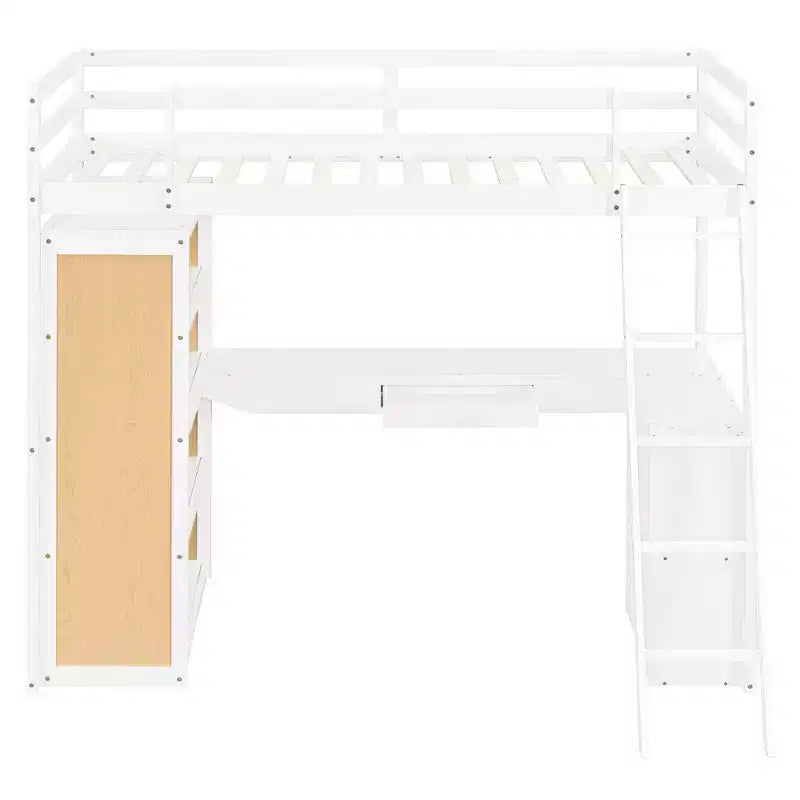 Luxystar Modern Loft Bed with Desk, 6 Shelves and Drawer