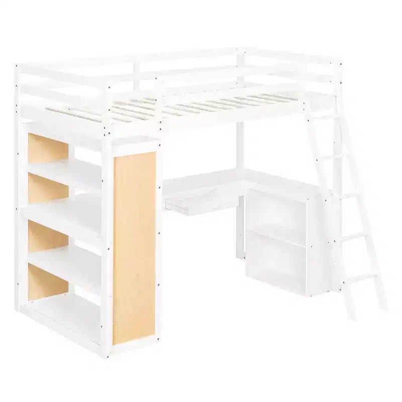 Luxystar Modern Loft Bed with Desk, 6 Shelves and Drawer