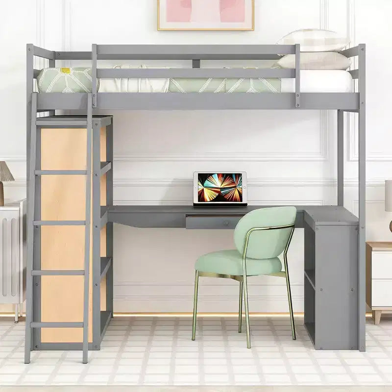 Luxystar Modern Loft Bed with Desk, 6 Shelves and Drawer