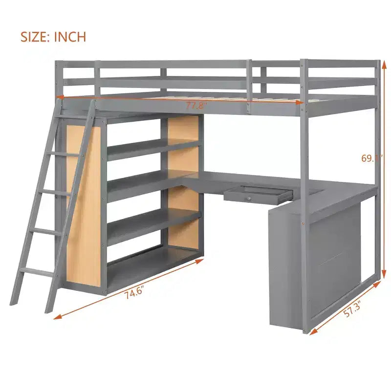 Luxystar Modern Loft Bed with Desk, 6 Shelves and Drawer