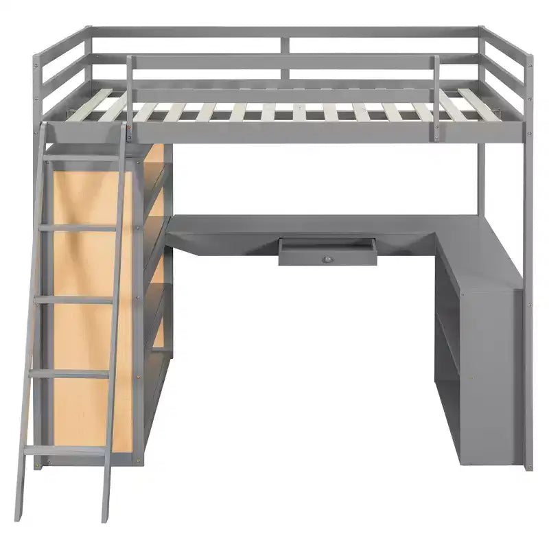 Luxystar Modern Loft Bed with Desk, 6 Shelves and Drawer