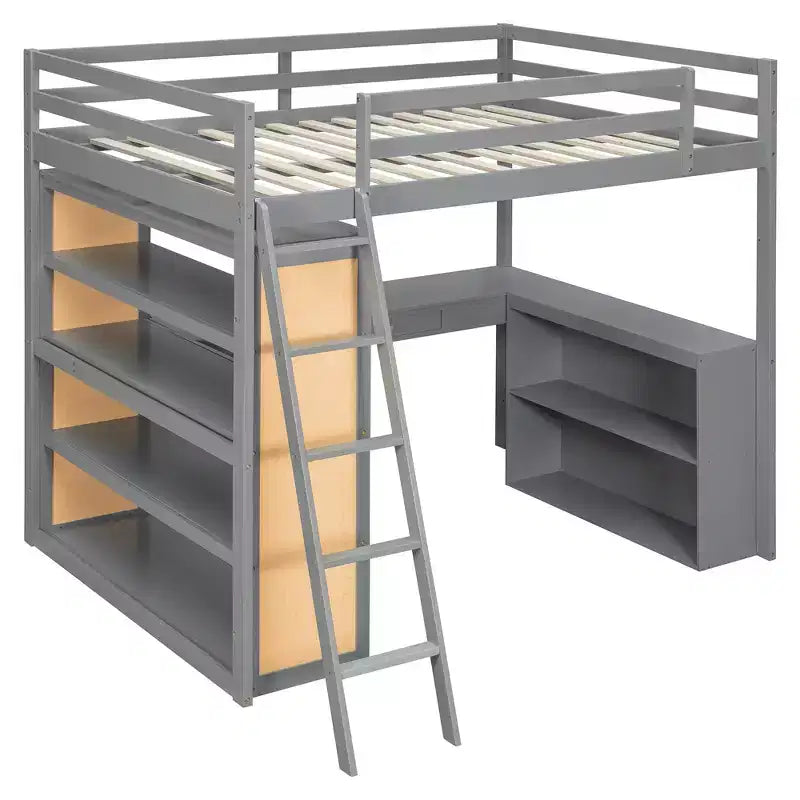 Luxystar Modern Loft Bed with Desk, 6 Shelves and Drawer