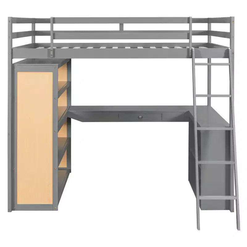 Luxystar Modern Loft Bed with Desk, 6 Shelves and Drawer