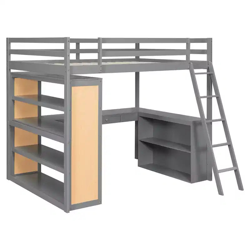 Luxystar Modern Loft Bed with Desk, 6 Shelves and Drawer