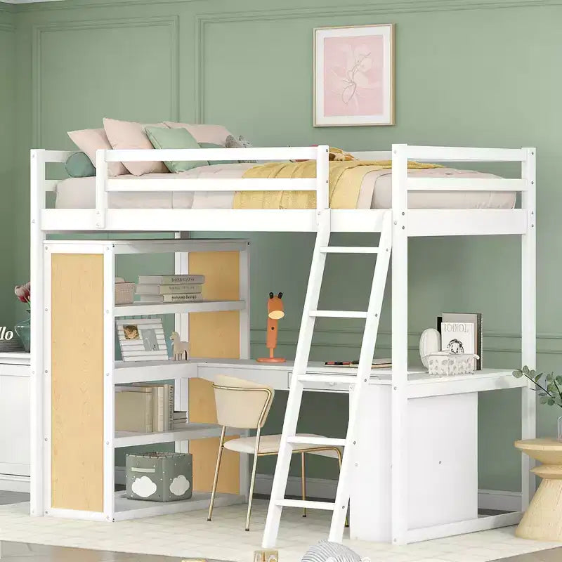 Luxystar Modern Loft Bed with Desk, 6 Shelves and Drawer