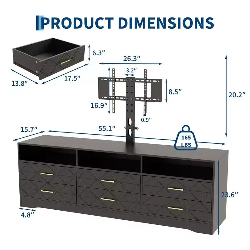 Acekool Living Room Bedroom 6 Drawer TV Stand Dresser with Mount, Wood Media Console Storage Entertainment Center, Multiple Colors
