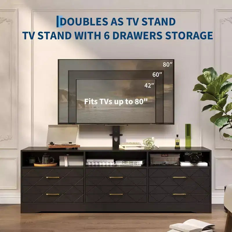 Acekool Living Room Bedroom 6 Drawer TV Stand Dresser with Mount, Wood Media Console Storage Entertainment Center, Multiple Colors