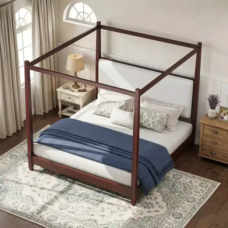 Polibi Canopy Platform Bed with Upholstered Headboard