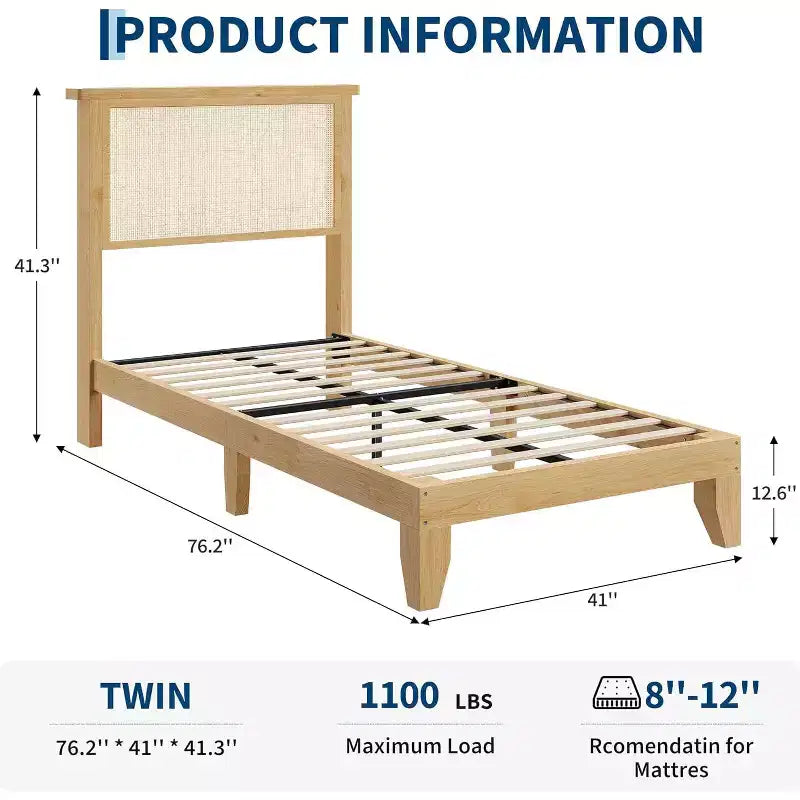 DobleePy Twin Size Square Rattan & Wood Platform Bed Frame, Natural Rattan Headboard, No Box Spring Needed, Easy Assembly