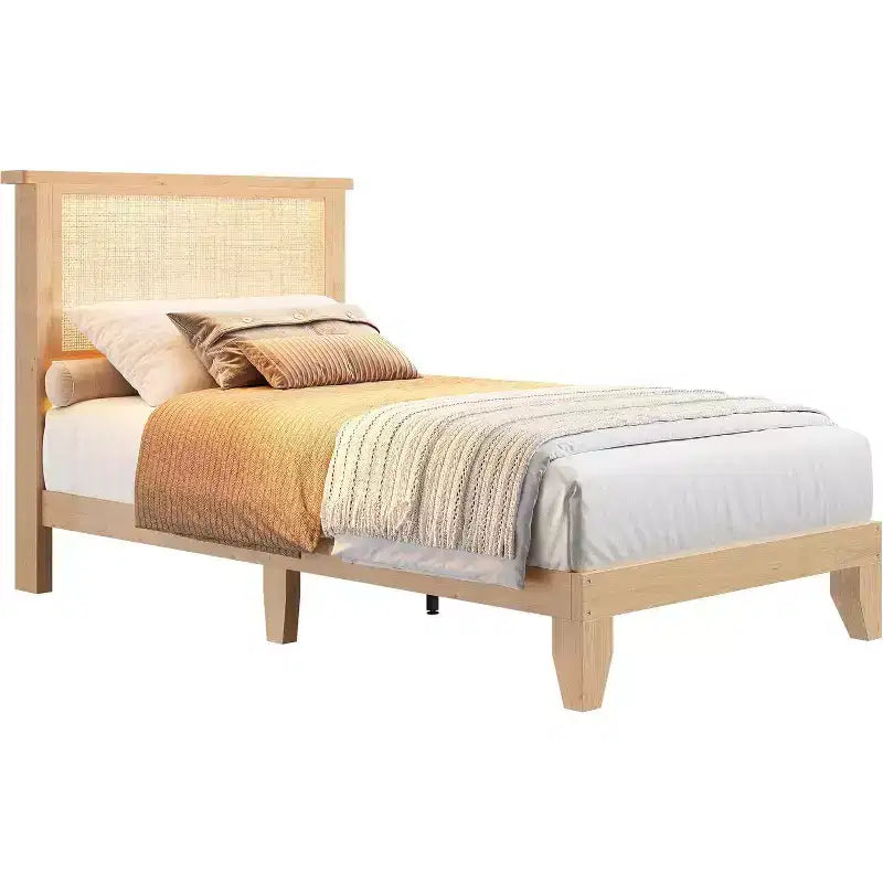 DobleePy Twin Size Square Rattan & Wood Platform Bed Frame, Natural Rattan Headboard, No Box Spring Needed, Easy Assembly