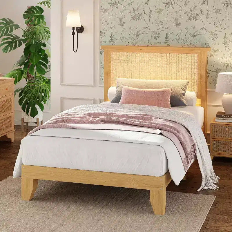 DobleePy Twin Size Square Rattan & Wood Platform Bed Frame, Natural Rattan Headboard, No Box Spring Needed, Easy Assembly