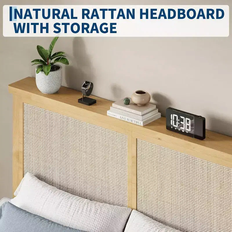 DobleePy Twin Size Square Rattan & Wood Platform Bed Frame, Natural Rattan Headboard, No Box Spring Needed, Easy Assembly