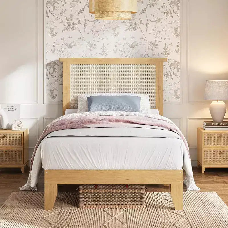DobleePy Twin Size Square Rattan & Wood Platform Bed Frame, Natural Rattan Headboard, No Box Spring Needed, Easy Assembly