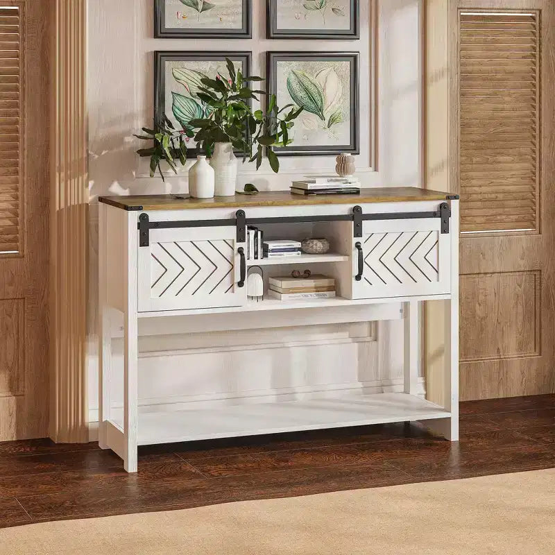 46 Farmhouse Console Table with Sliding Barn Door, Rustic Storage Entryway Table with Drawers & Adjustable Shelf
