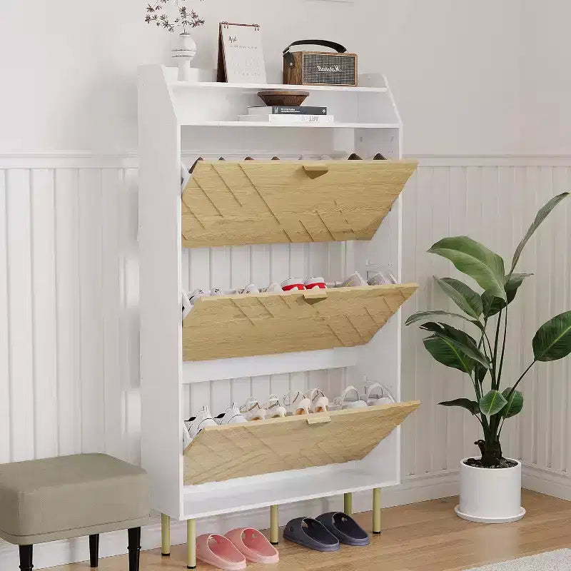 Space Saving Narrow Slim Shoe Cabinet, 3 Flip Drawers Freestanding Hidden Shoe Rack Organizer, Wood Grain Farmhouse Furniture for Entryway Hallway