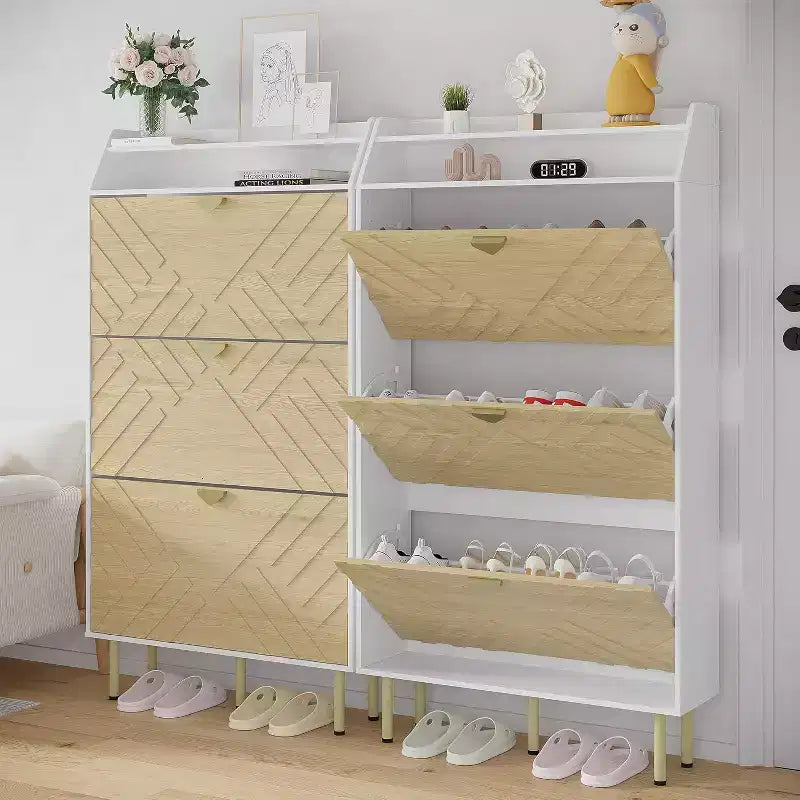 Space Saving Narrow Slim Shoe Cabinet, 3 Flip Drawers Freestanding Hidden Shoe Rack Organizer, Wood Grain Farmhouse Furniture for Entryway Hallway