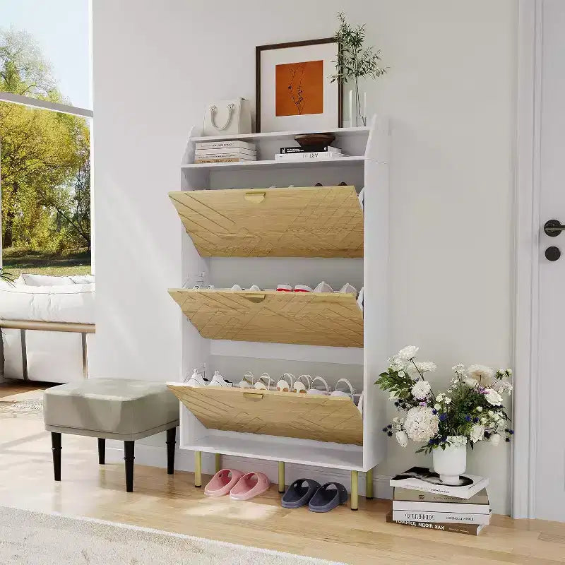 Space Saving Narrow Slim Shoe Cabinet, 3 Flip Drawers Freestanding Hidden Shoe Rack Organizer, Wood Grain Farmhouse Furniture for Entryway Hallway
