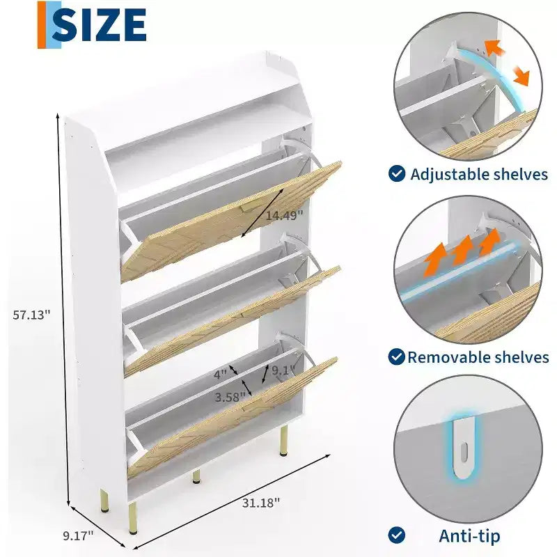 Space Saving Narrow Slim Shoe Cabinet, 3 Flip Drawers Freestanding Hidden Shoe Rack Organizer, Wood Grain Farmhouse Furniture for Entryway Hallway