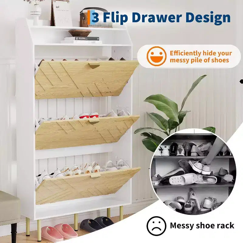 Space Saving Narrow Slim Shoe Cabinet, 3 Flip Drawers Freestanding Hidden Shoe Rack Organizer, Wood Grain Farmhouse Furniture for Entryway Hallway