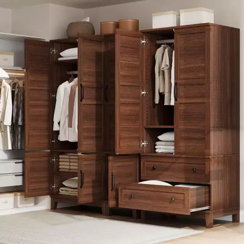 72 in Tall Wooden Armoire Wardrobe Closet with 4 Doors, Hanging Rod and Adjustable Shelves, Freestanding Clothing Storage Cabinet for Bedroom