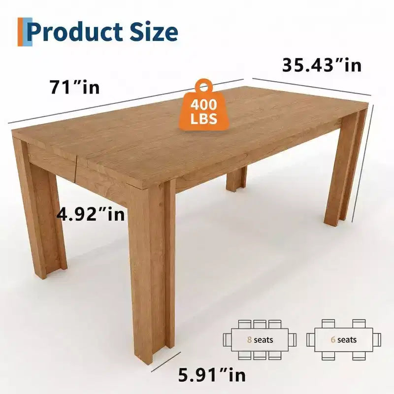 GustoWave 71 Dining Table for 6-8, Farmhouse Rectangular Kitchen Table with Wide H-Legs, Thick Top, Natural Wood Finish