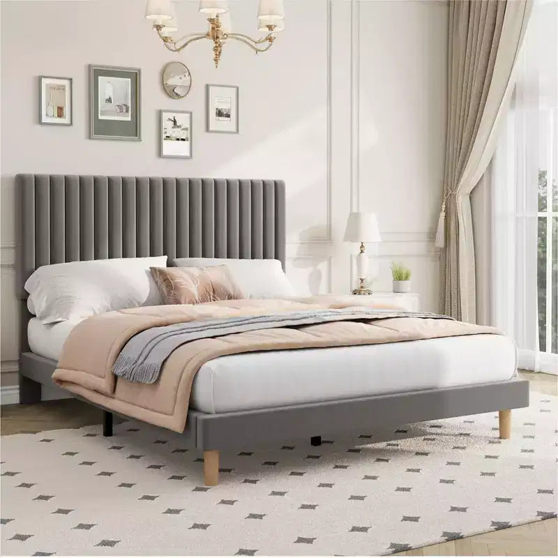 Bed Frame with Adjustable Headboard, Height Adjustable, No Box Spring Needed, Easy Assembly, Wooden Slats
