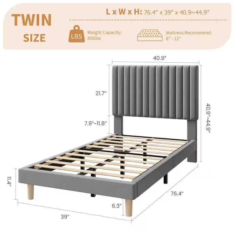 Bed Frame with Adjustable Headboard, Height Adjustable, No Box Spring Needed, Easy Assembly, Wooden Slats