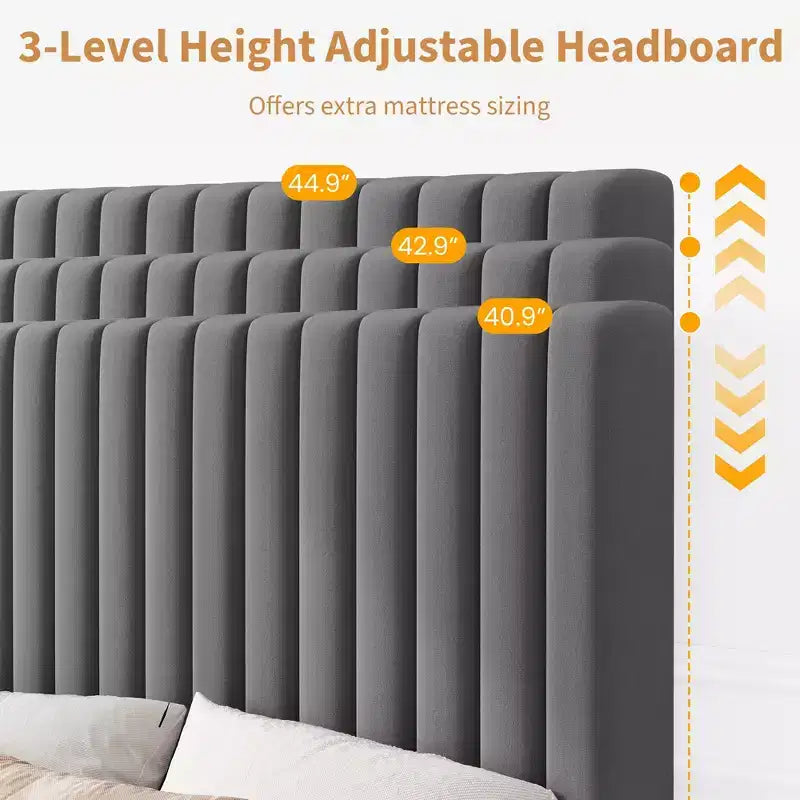 Bed Frame with Adjustable Headboard, Height Adjustable, No Box Spring Needed, Easy Assembly, Wooden Slats