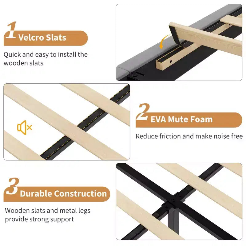 Bed Frame with Adjustable Headboard, Height Adjustable, No Box Spring Needed, Easy Assembly, Wooden Slats