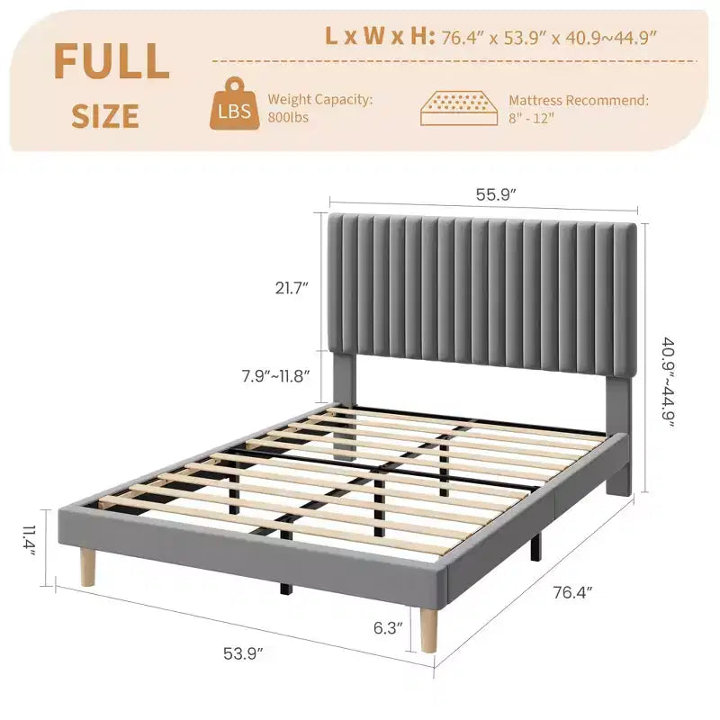 Bed Frame with Adjustable Headboard, Height Adjustable, No Box Spring Needed, Easy Assembly, Wooden Slats