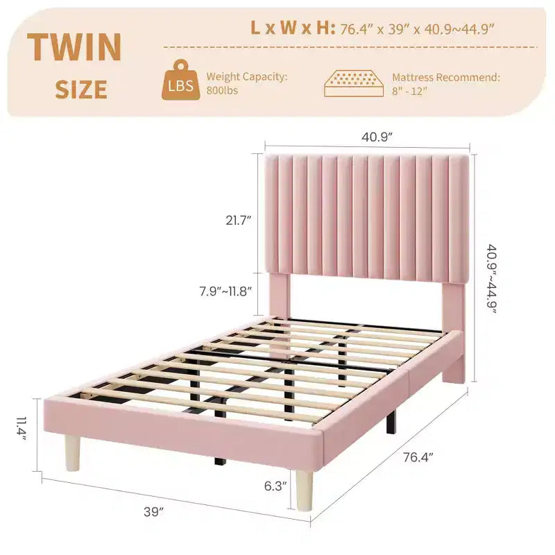Bed Frame with Adjustable Headboard, Height Adjustable, No Box Spring Needed, Easy Assembly, Wooden Slats