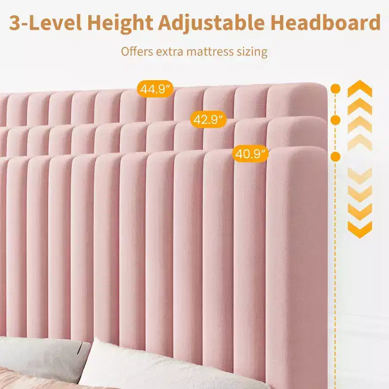 Bed Frame with Adjustable Headboard, Height Adjustable, No Box Spring Needed, Easy Assembly, Wooden Slats