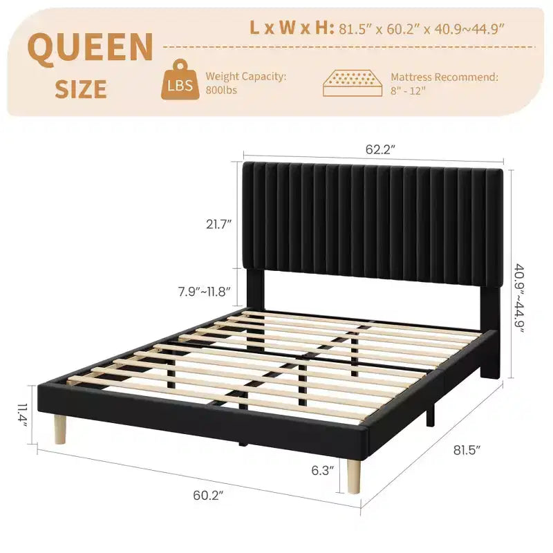 Bed Frame with Adjustable Headboard, Height Adjustable, No Box Spring Needed, Easy Assembly, Wooden Slats