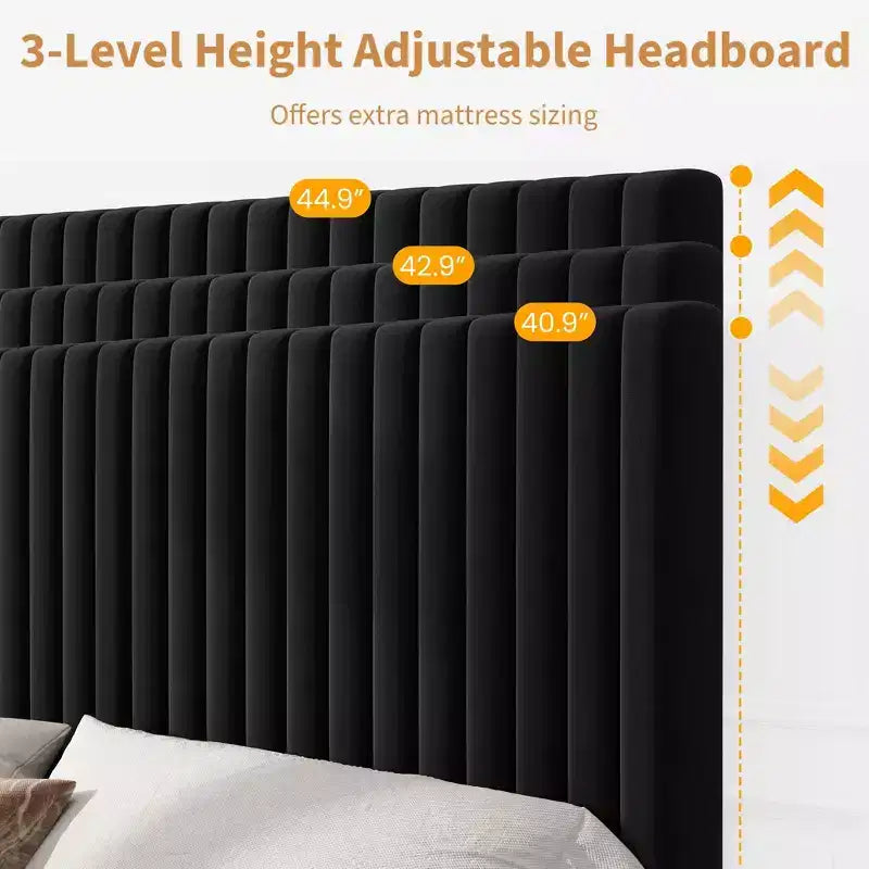 Bed Frame with Adjustable Headboard, Height Adjustable, No Box Spring Needed, Easy Assembly, Wooden Slats
