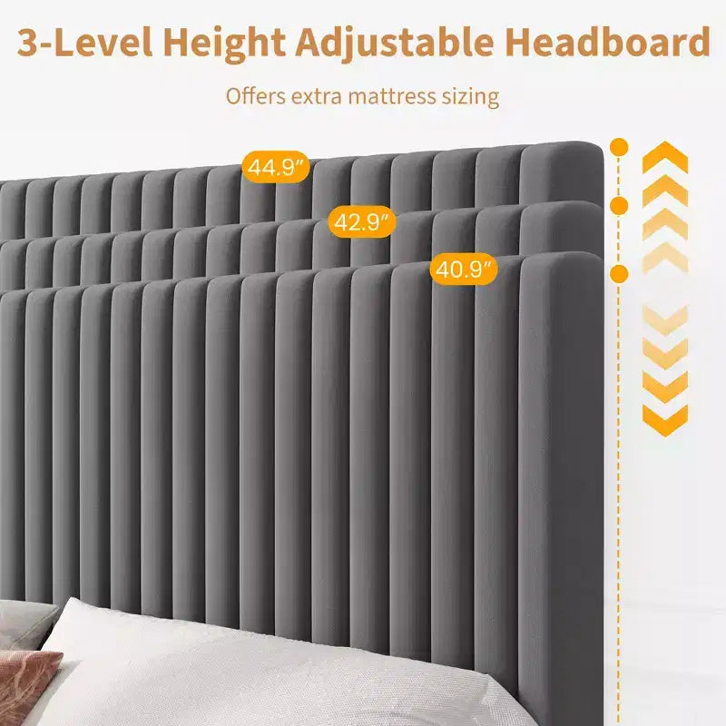 Bed Frame with Adjustable Headboard, Height Adjustable, No Box Spring Needed, Easy Assembly, Wooden Slats