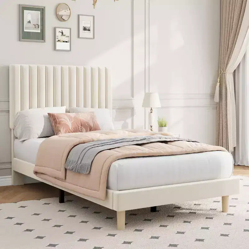 Bed Frame with Adjustable Headboard, Height Adjustable, No Box Spring Needed, Easy Assembly, Wooden Slats