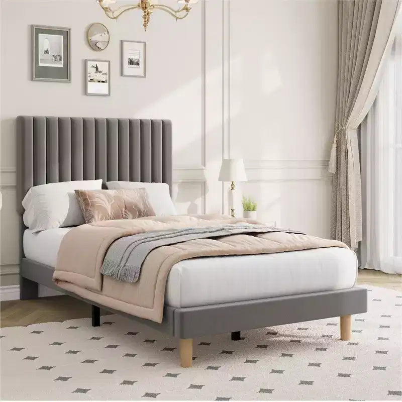 Bed Frame with Adjustable Headboard, Height Adjustable, No Box Spring Needed, Easy Assembly, Wooden Slats