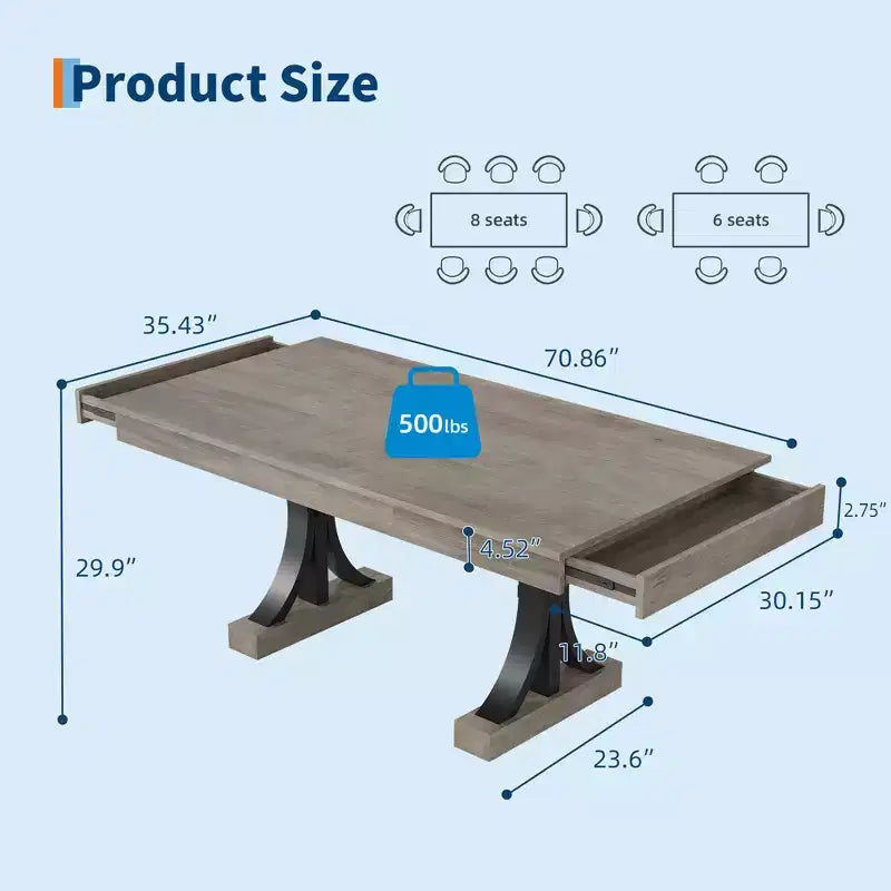 71 Large Dining Table for 6-8, Wood Rectangular Kitchen Table with 2 Drawers & Sturdy Metal Frame, 6ft Dinner Table for Dining Room & Kitchen