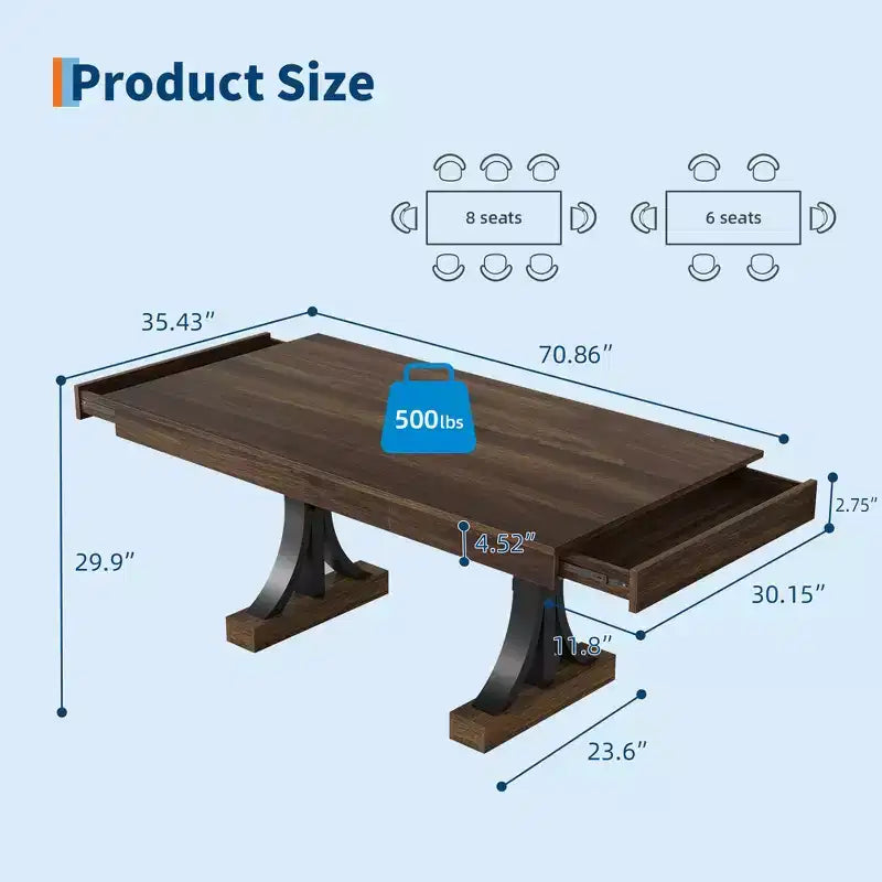 71 Large Dining Table for 6-8, Wood Rectangular Kitchen Table with 2 Drawers & Sturdy Metal Frame, 6ft Dinner Table for Dining Room & Kitchen