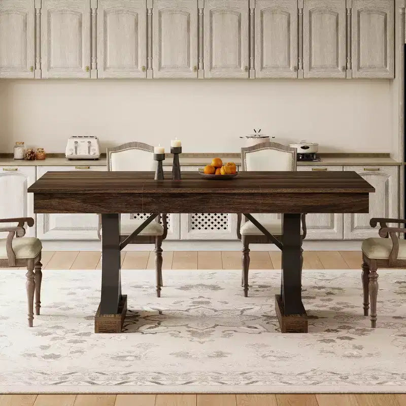 71 Large Dining Table for 6-8, Wood Rectangular Kitchen Table with 2 Drawers & Sturdy Metal Frame, 6ft Dinner Table for Dining Room & Kitchen