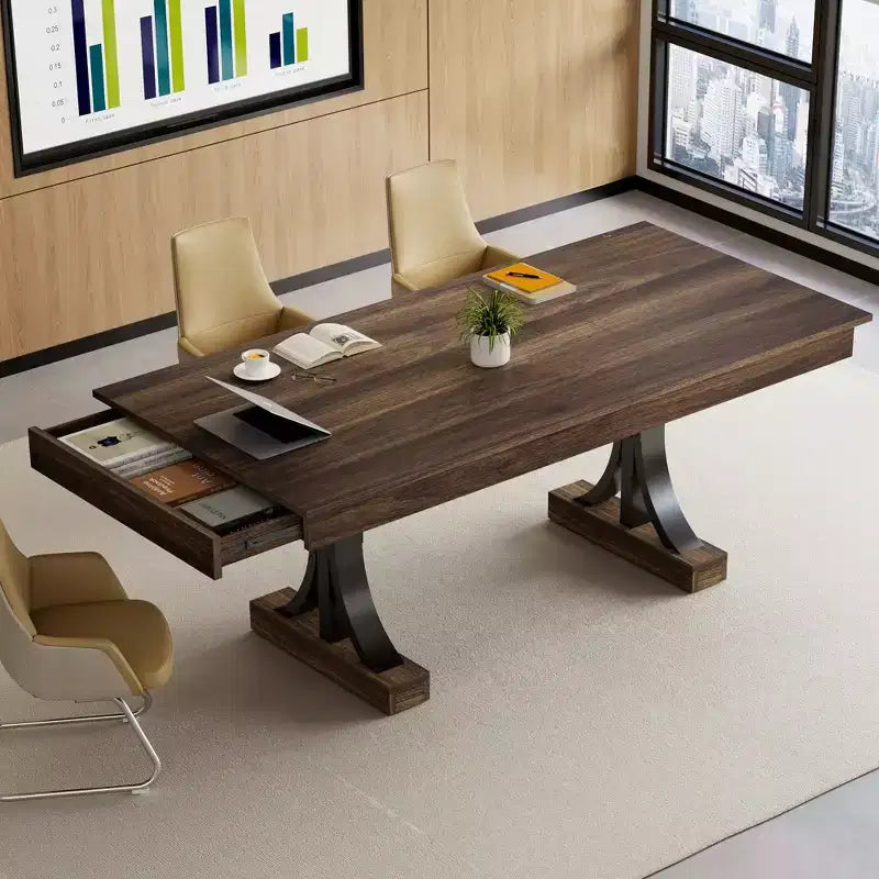 71 Large Dining Table for 6-8, Wood Rectangular Kitchen Table with 2 Drawers & Sturdy Metal Frame, 6ft Dinner Table for Dining Room & Kitchen