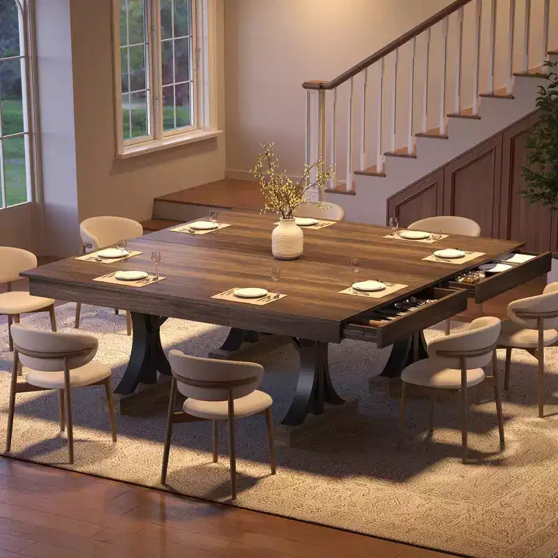 71 Large Dining Table for 6-8, Wood Rectangular Kitchen Table with 2 Drawers & Sturdy Metal Frame, 6ft Dinner Table for Dining Room & Kitchen