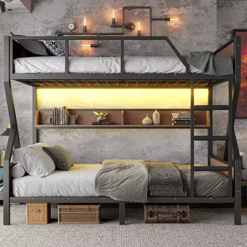 Bellemave Queen over Queen Metal Bunk Bed with Storage Shelves & LED Light, Heavy-Duty Bunk Bed Frame with Guardrails & Ladder, Noise-Free, Black