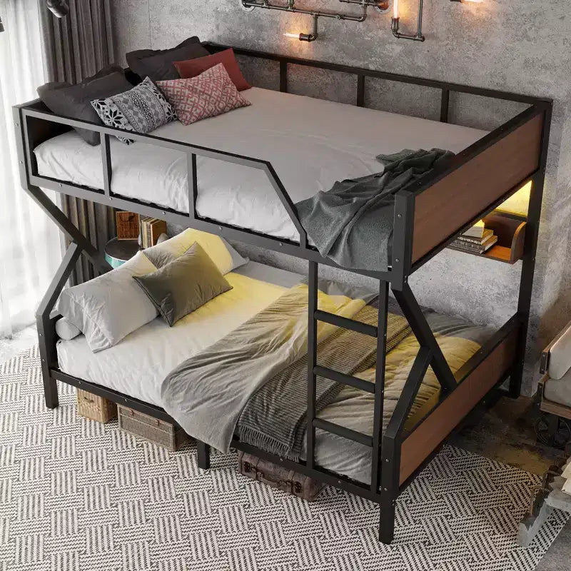 Bellemave Queen over Queen Metal Bunk Bed with Storage Shelves & LED Light, Heavy-Duty Bunk Bed Frame with Guardrails & Ladder, Noise-Free, Black