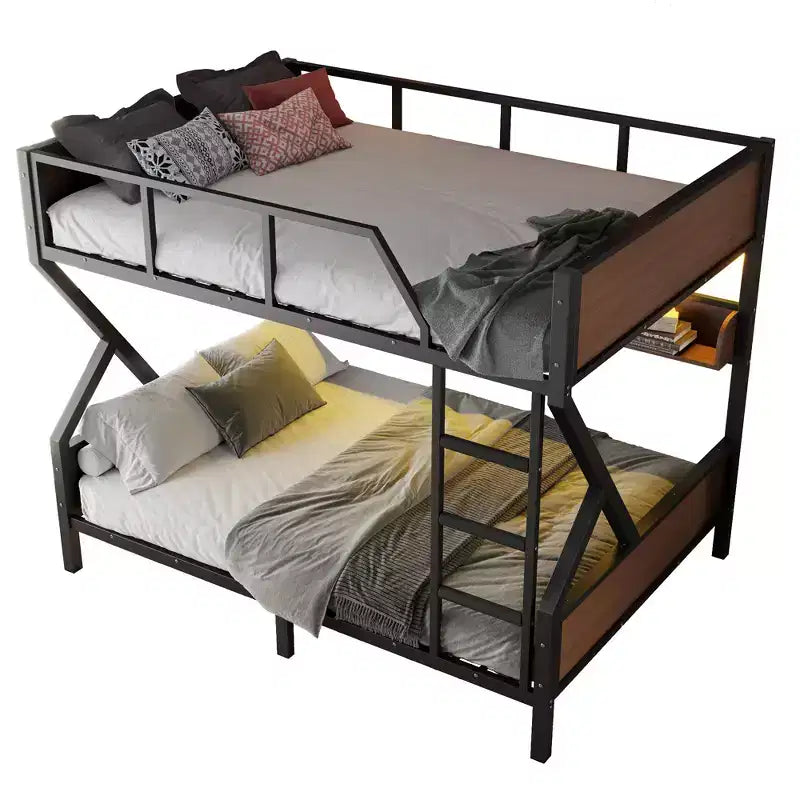 Bellemave Queen over Queen Metal Bunk Bed with Storage Shelves & LED Light, Heavy-Duty Bunk Bed Frame with Guardrails & Ladder, Noise-Free, Black