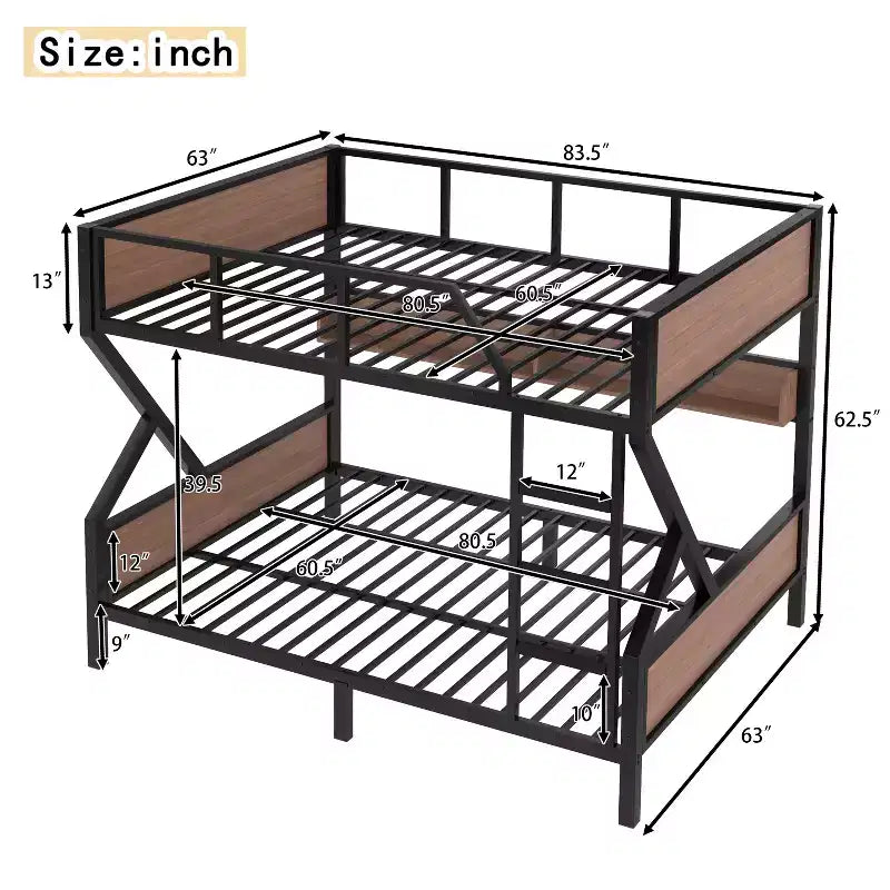 Bellemave Queen over Queen Metal Bunk Bed with Storage Shelves & LED Light, Heavy-Duty Bunk Bed Frame with Guardrails & Ladder, Noise-Free, Black