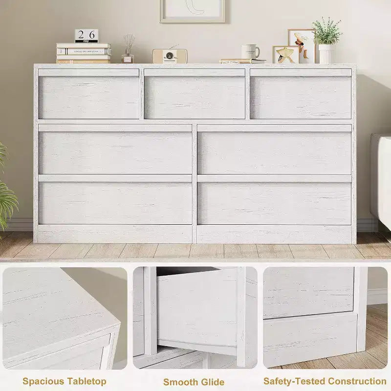 7/8 Drawer Dresser, Wide Wooden Chest of Drawers, Large Storage Organizer for Bedroom, Living Room, Nursery & Entryway