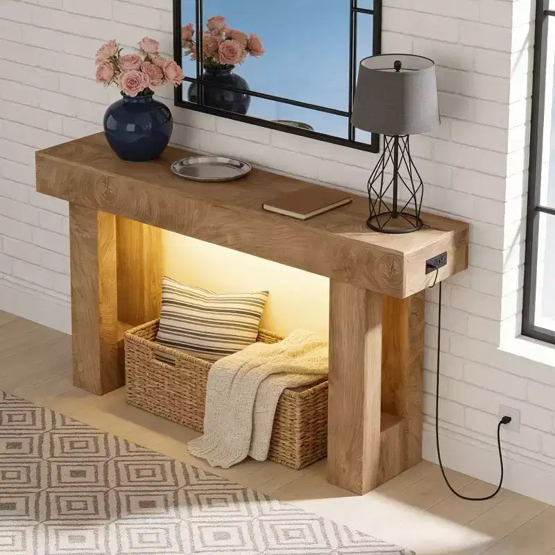 GustoWave 63 Farmhouse Console Table, Wooden Entry Table with Storage Shelf, Narrow Sofa Table for Hallway, Foyer, Sandalwood