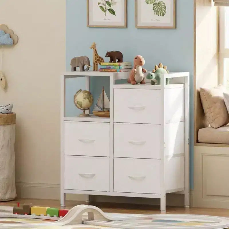 5-Drawer Cabinet with Open Shelf, Fabric Lateral Filing Cabinet for Office